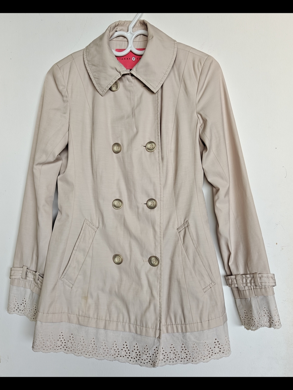 Ivanka Trump Beige Double-Breasted Trench with Lace Trim